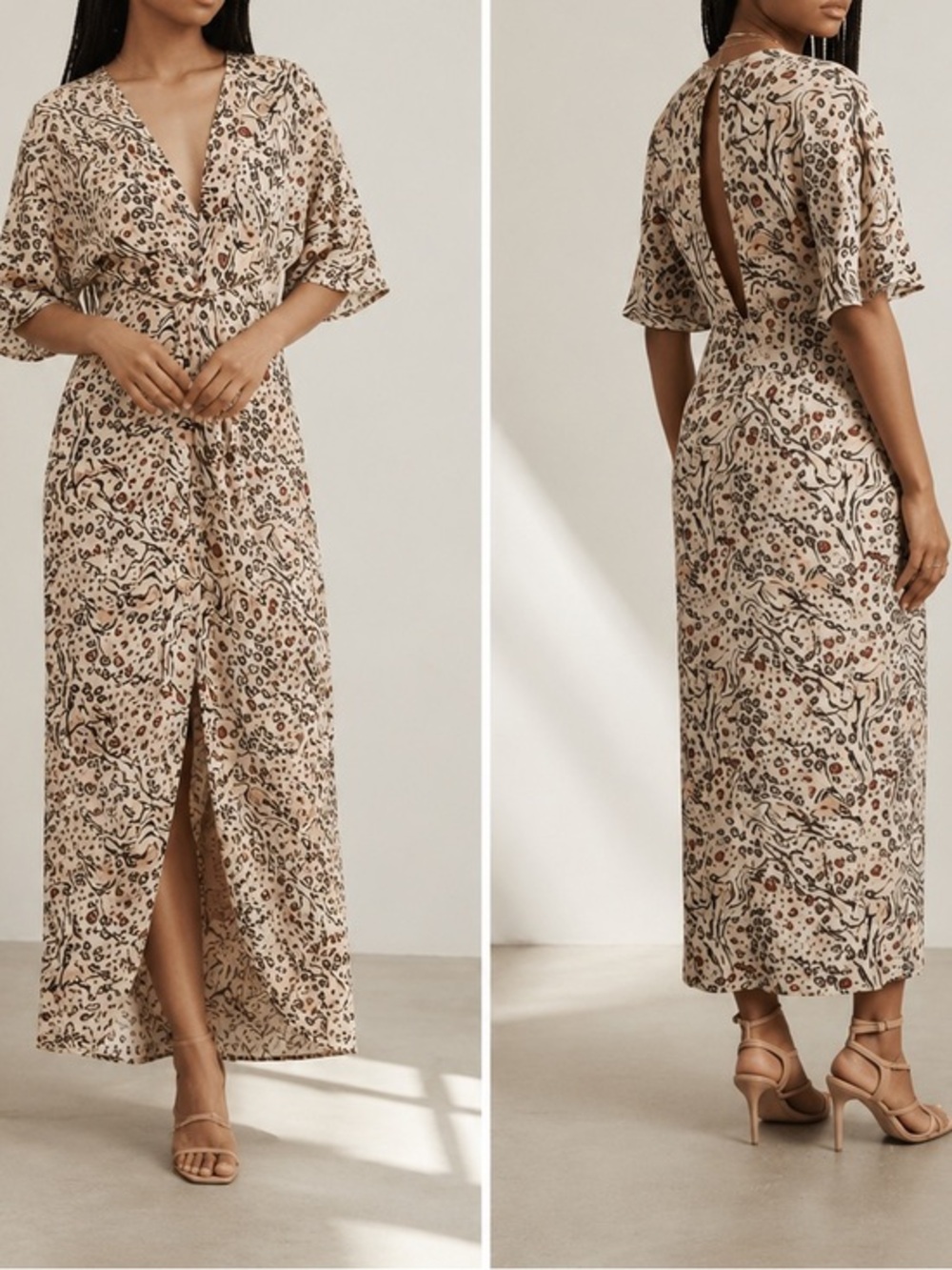 Fame & Partners Animal Print Mix Champagne Satin The Sayge Maxi Dress